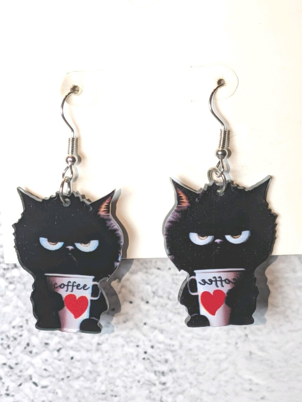 Handmade Grumpy Black Cat Coffee Cup Dangle Earrings